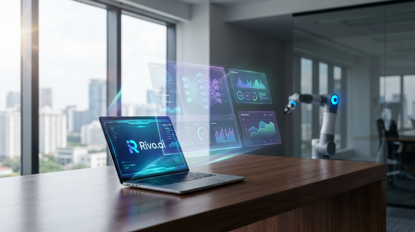Modernes Büro mit Laptop, das Rivo.ai Dashboard zeigt; Ki Browser sichtbar, Datenanalysen und Performance-Grafiken.