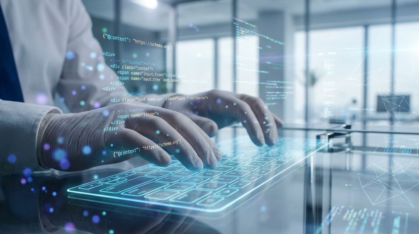 Nahaufnahme: Schema.org Structured Data auf Bildschirm, Entwicklerhände tippen; Ki Browser, natürliche Beleuchtung.