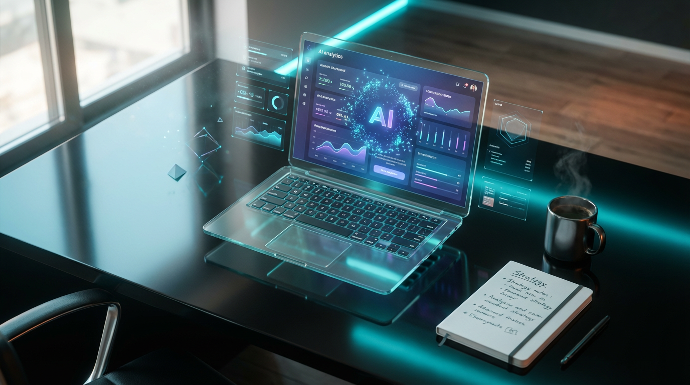 Overhead-Aufnahme eines modernen Arbeitsplatzes mit Laptop-Dashboard, Notizbuch und Kaffee – Bild zur KI Kaufentscheidung