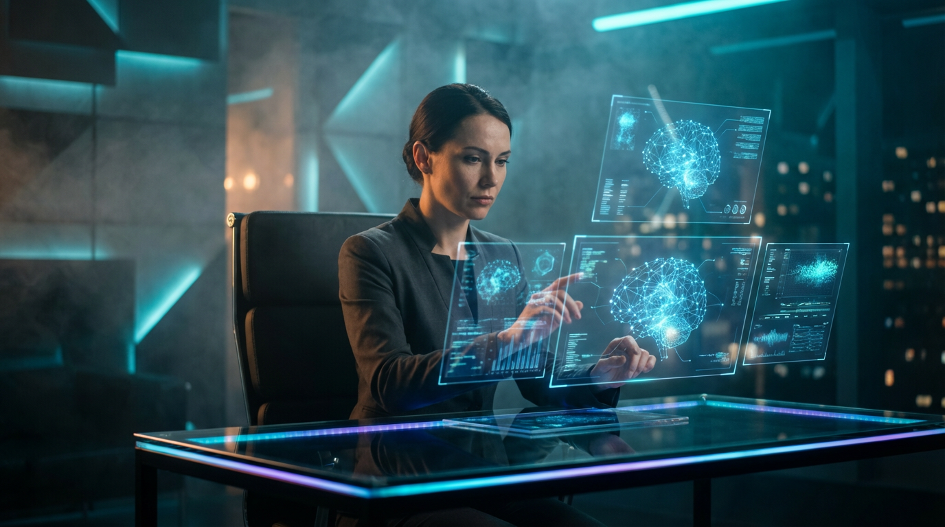 Business-Analyst prüft KI Kaufentscheidung anhand AI-generierter Kundeninsights auf mehreren Bildschirmen.