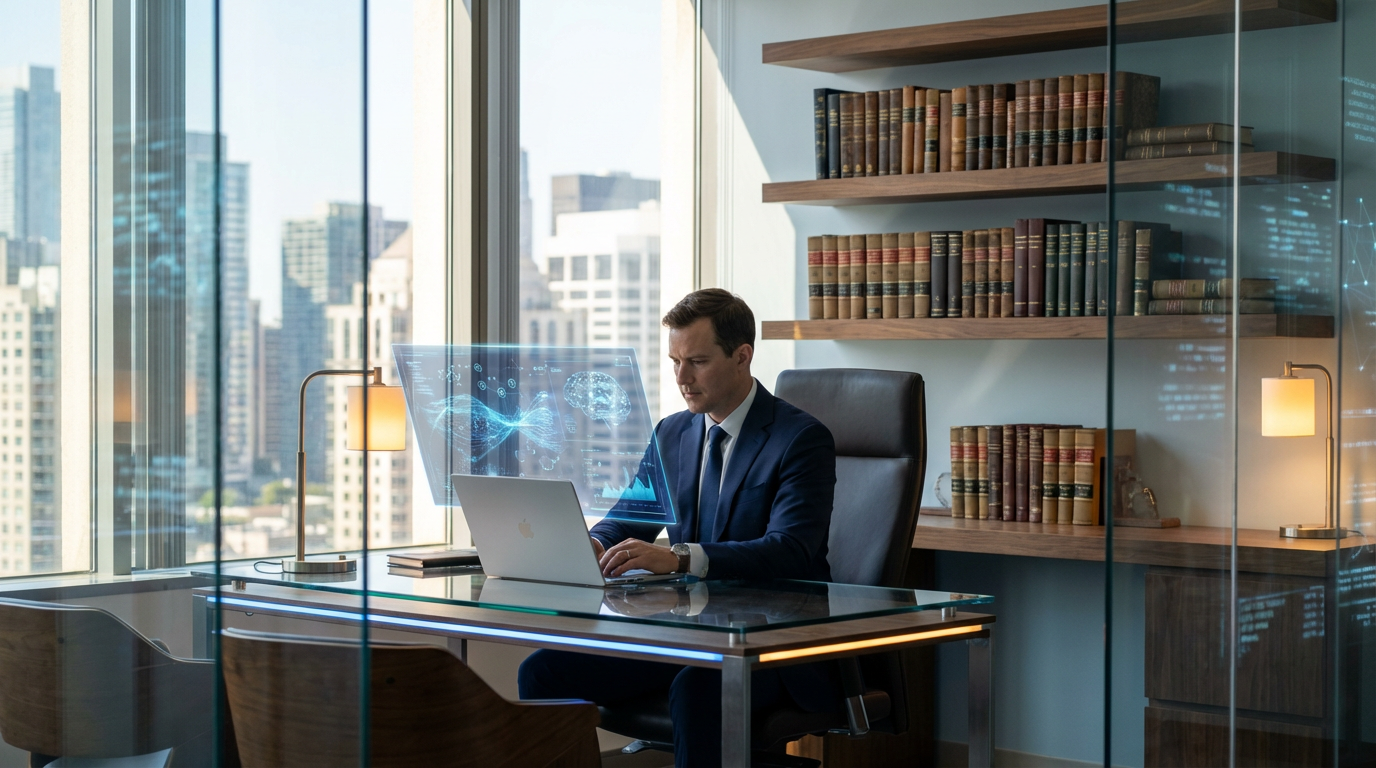 Anwalt an modernem Schreibtisch mit Laptop, KI-Interface auf Bildschirm — KI-Sichtbarkeit für Anwälte im Kanzleialltag.