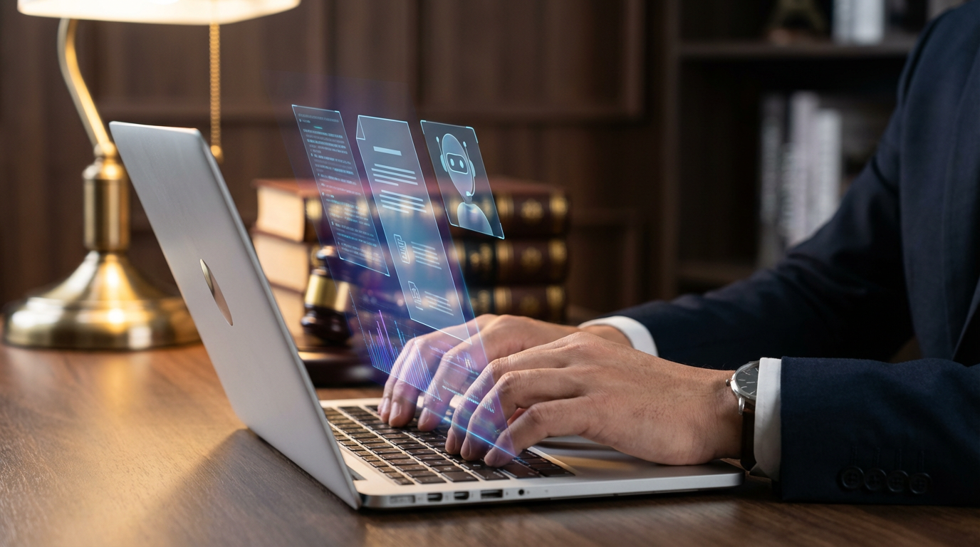 Anwalt tippt am Laptop mit AI-Assistenten-Interface; KI-Sichtbarkeit für Anwälte, Bücher und Hammer unscharf