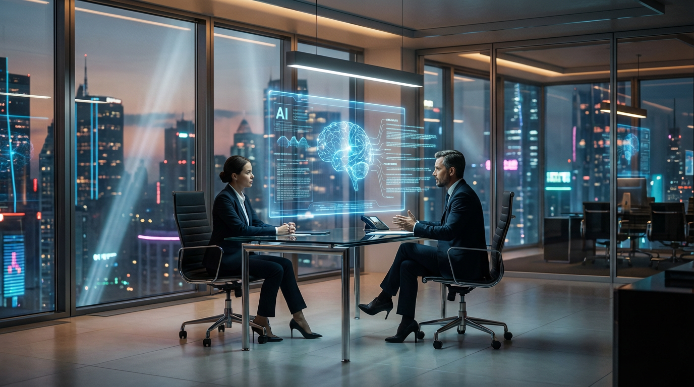 Anwalt berät Mandanten mit Tablet; AI-Recherche sichtbar, moderne Büroumgebung — KI-Sichtbarkeit für Anwälte, Licht.