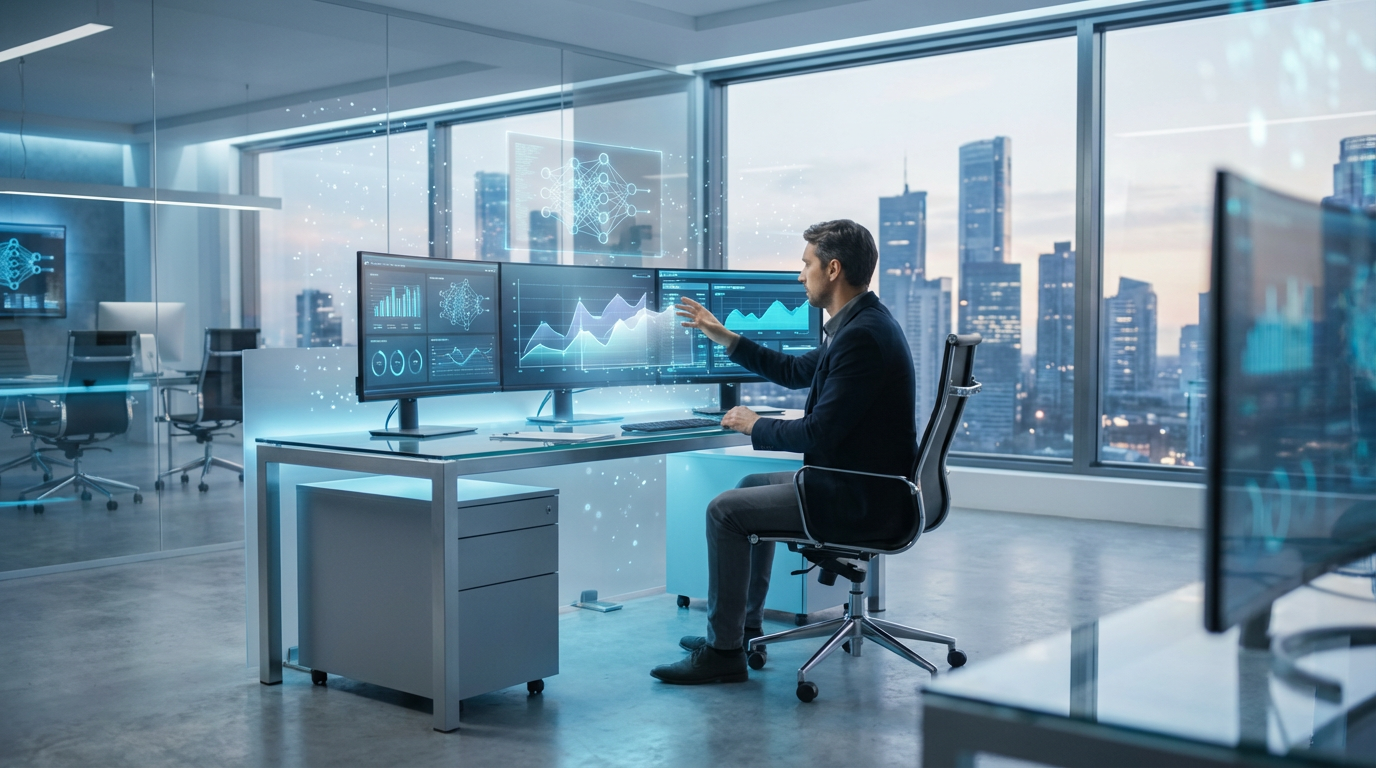 Analyst im modernen Büro prüft Dashboards (KI-Sichtbarkeit messen) und Wettbewerbskennzahlen auf High-Res-Monitoren.