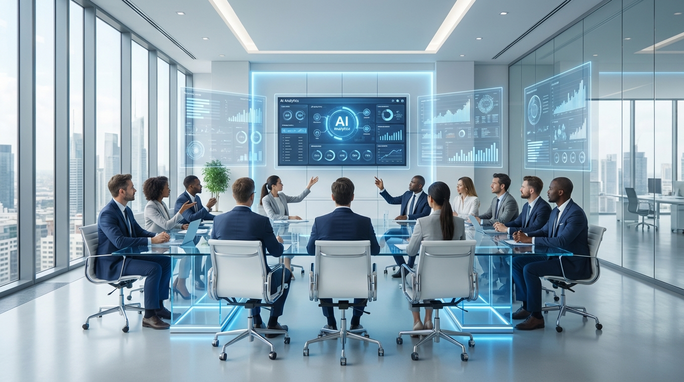 Geschäftsteam diskutiert Analyse-Dashboard im Konferenzraum, KI-Sichtbarkeit messen praktisch