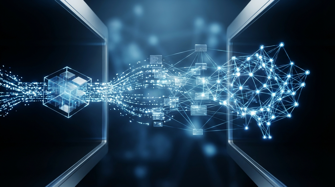 Modernes Infografikbild zeigt API-Datenfluss von Firmen-Datenbank zum KI-System, abstrakte Netzwerkverbindungen, LLM APIs im Mittelpunkt