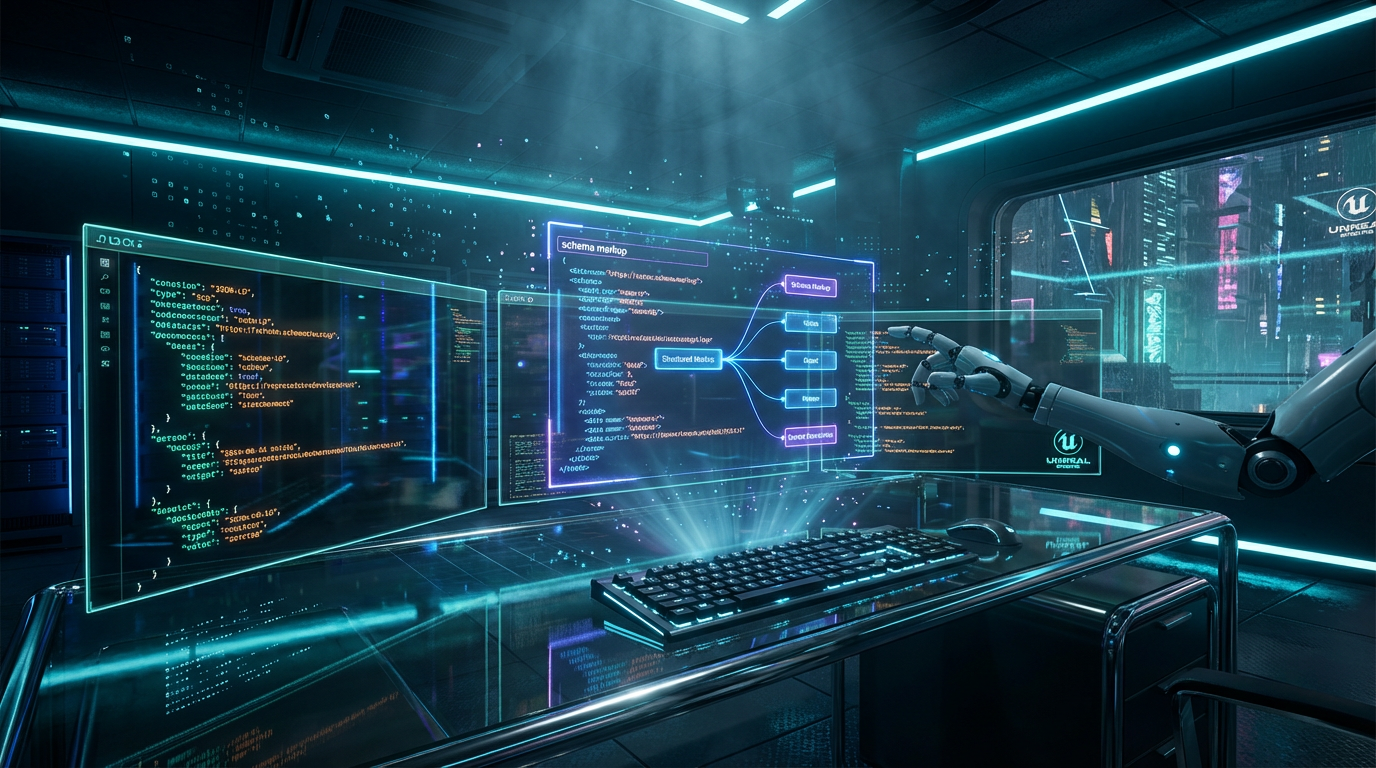 Moderner Arbeitsplatz: Entwickler nutzt LLM-SEO Tools zur Schema-Markup-Implementierung mit mehreren Code-Editoren