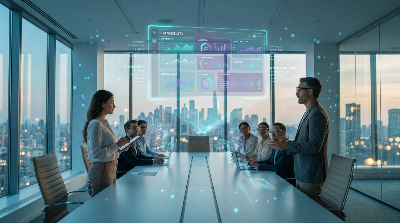 Marketing-Team analysiert auf großem Monitor ein LLM-SEO Tools Visibility-Dashboard