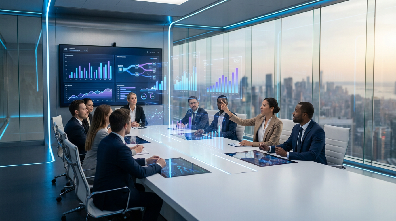 Diverse Team diskutiert LLM-SEO Tools Performance-Metriken auf Wandbildschirm in modernem Konferenzraum