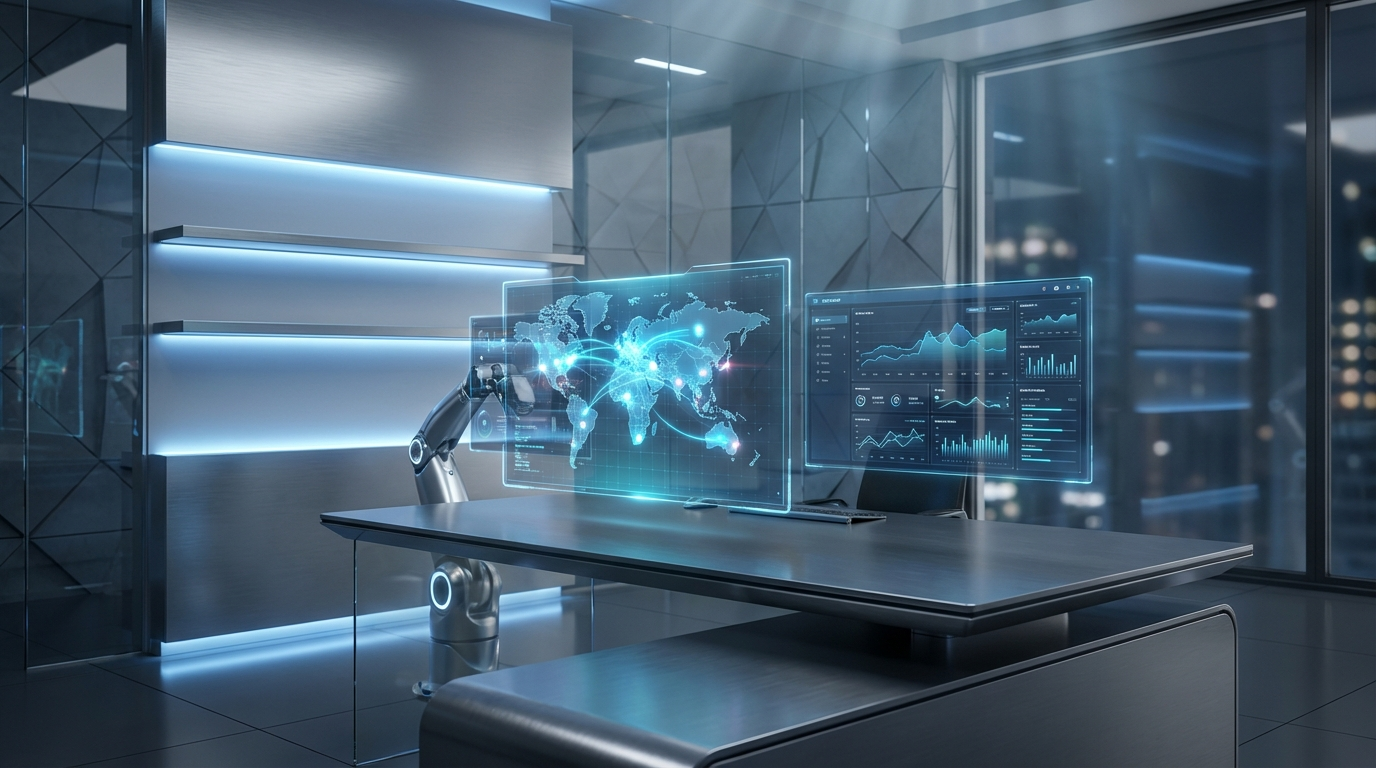 Modernes Büro mit mehreren Bildschirmen, Kartenpins und Dashboards zur LLM Standort Optimierung.