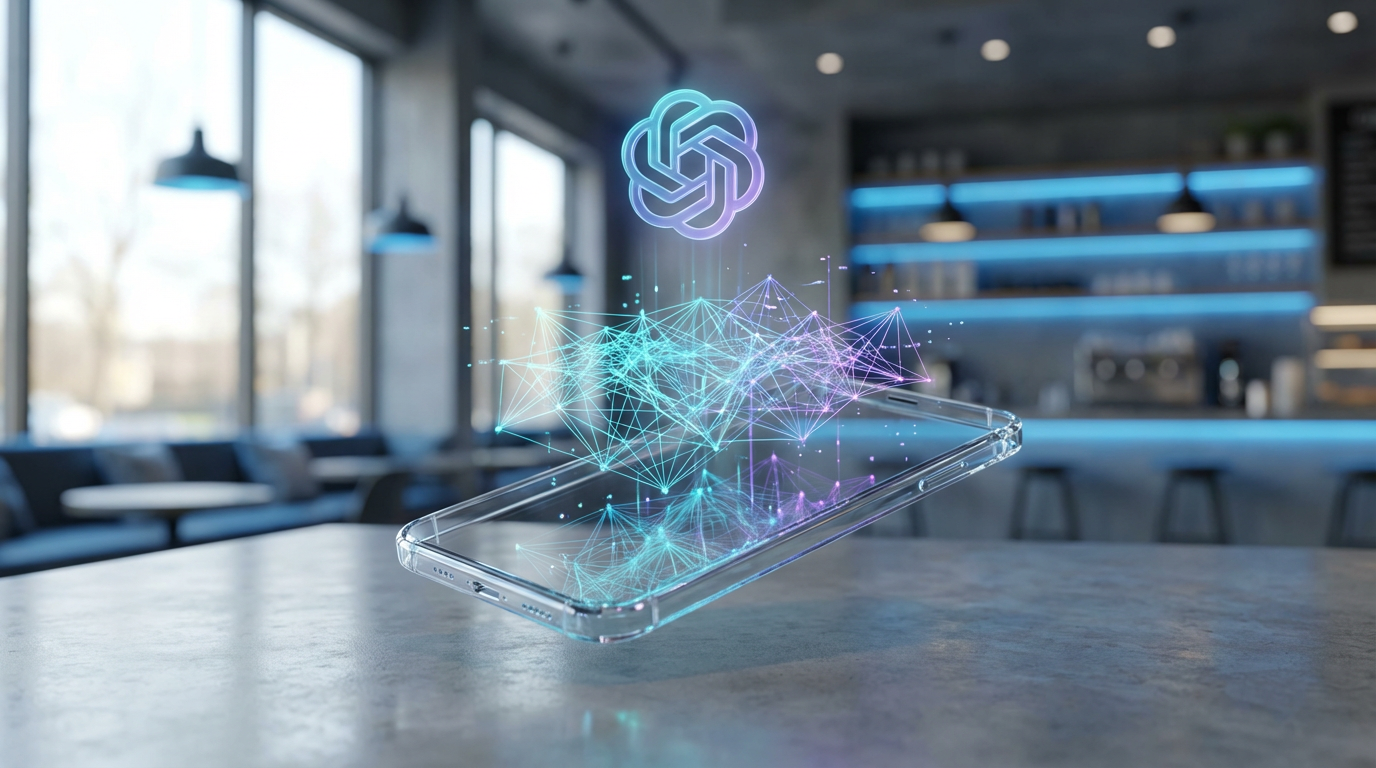 Smartphone mit ChatGPT-Oberfläche zeigt lokale Empfehlungen für ein Café – Local SEO ChatGPT im urbanen Kaffeehausambiente