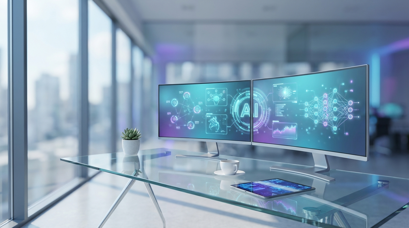 Moderner Marketing-Arbeitsplatz mit Computer, der Perplexity SEO Interface zeigt, Notebook, Kaffee und hellem Fensterlicht