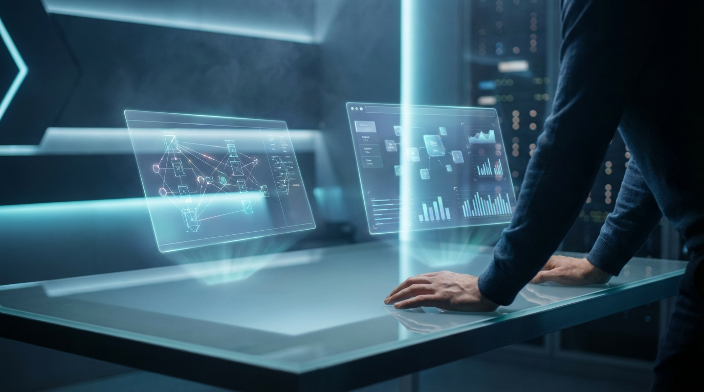 Close-up eines Datenanalysten an zwei Monitoren mit Schema-Markup und Dashboard-Metriken für Perplexity SEO.