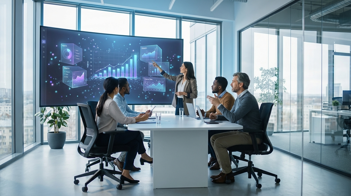 Marketingteam im modernen Büro prüft AI-Visibility-Metriken und Citation-Graphs auf großem Screen – Perplexity SEO