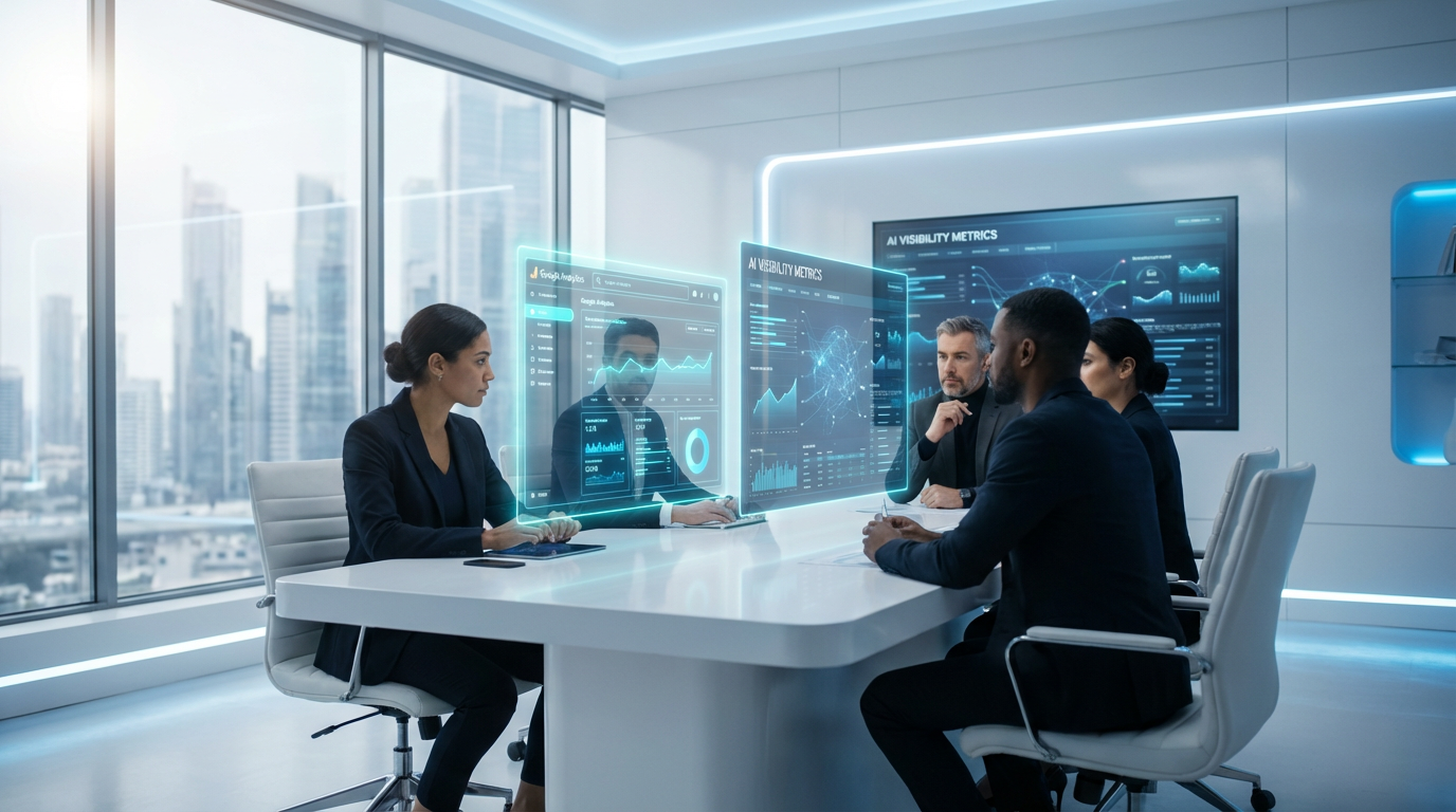 Perplexity vs Google: Marketing-Dashboard Analyse Professionelles Marketingteam analysiert Dual-Screen-Dashboard mit Google Analytics und AI-Metriken, Perplexity vs Google