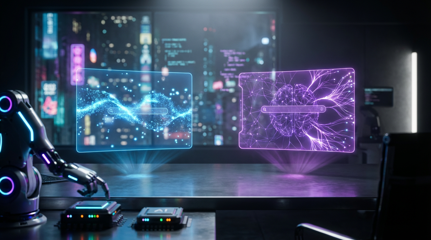 Perplexity vs Google: Vergleich moderner Such-UI Split-Screen-Foto: Perplexity vs Google auf zwei Laptop-Bildschirmen auf einem sauberen Büro-Desk