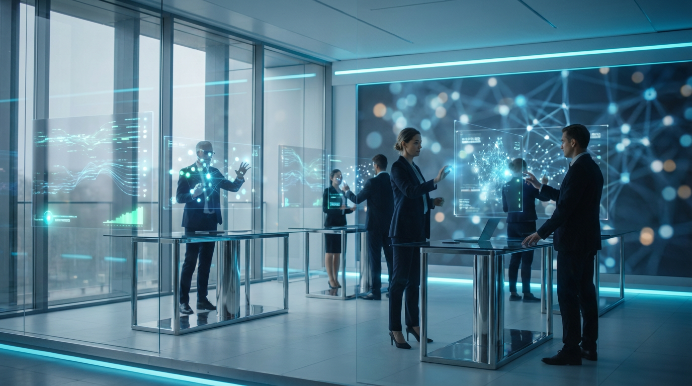 Professionelles Büro mit mehreren Bildschirmen, Visualisierung von KI, Datenströmen und Quellenangaben in KI Antworten