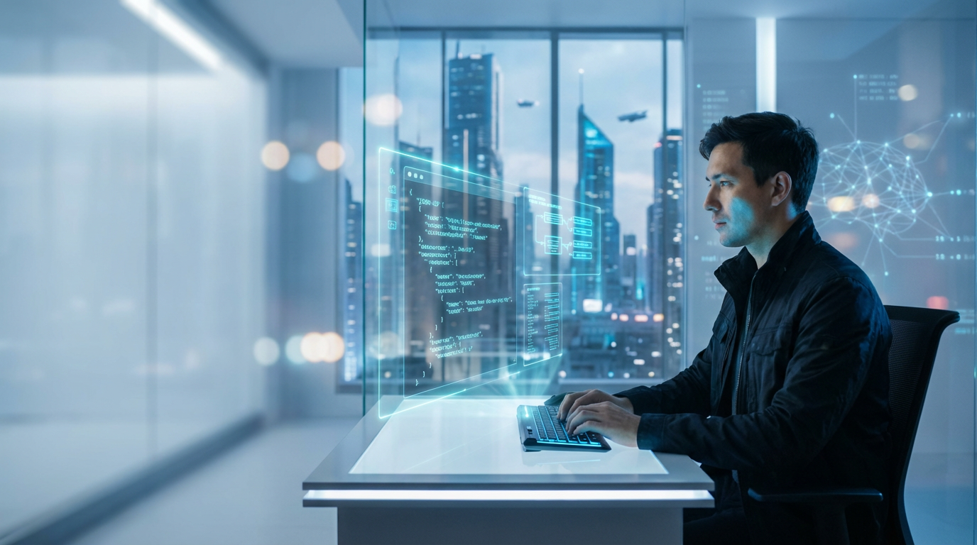 Professioneller Webentwickler implementiert JSON-LD Schema Markup Guide auf Laptop in modernem Office bei Tageslicht