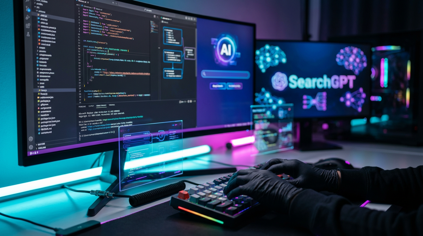 Nahaufnahme eines Monitors mit Schema-Markup-Code und SearchGPT-Interface, Entwickler tippt auf mechanischer Tastatur