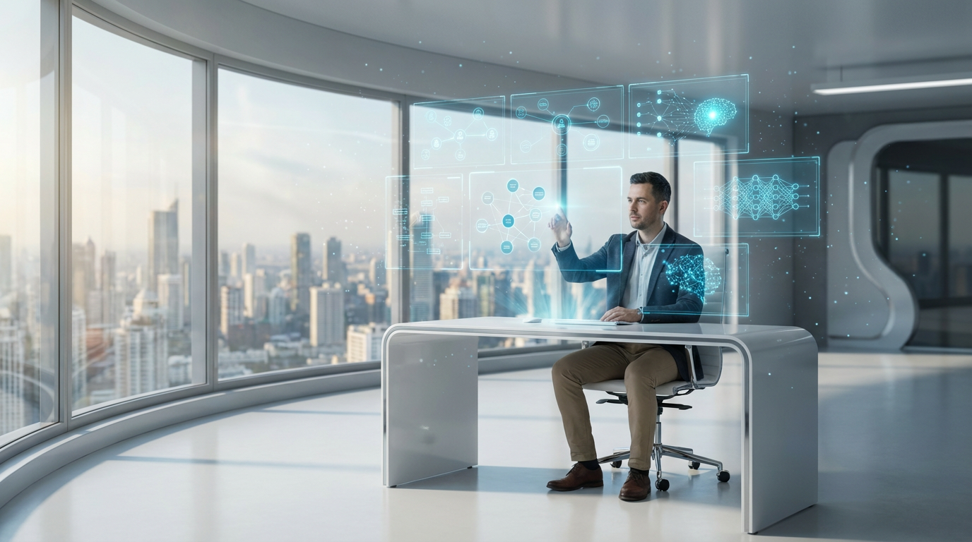 Digitaler Marketer analysiert semantische SEO-Daten auf mehreren Monitoren mit Knowledge-Graph-Visualisierungen im hellen Büro