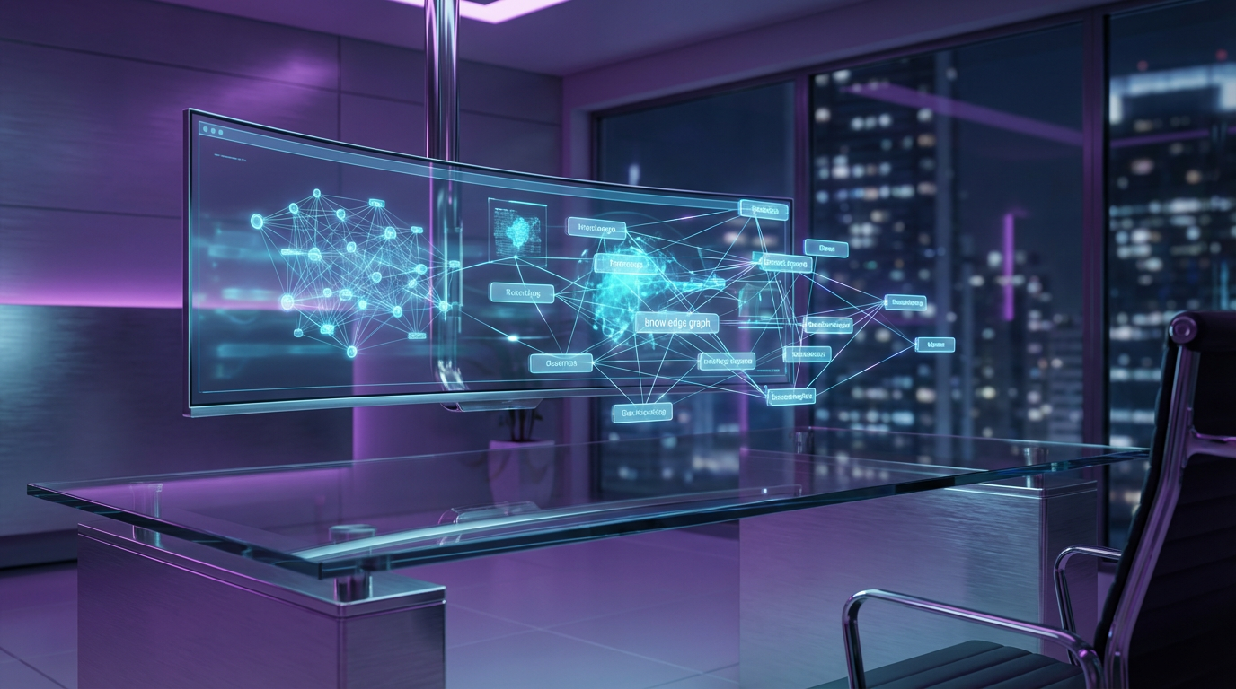 Modernes KI-Dashboard zeigt semantische SEO-Analysen, Entity-Relation-Visualisierung und Knowledge Graphs auf HD-Monitor.