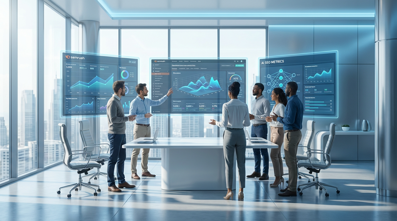 Digitales Marketing-Team analysiert SEO-Daten auf mehreren Bildschirmen mit semrush ai Dashboard im modernen Büro.