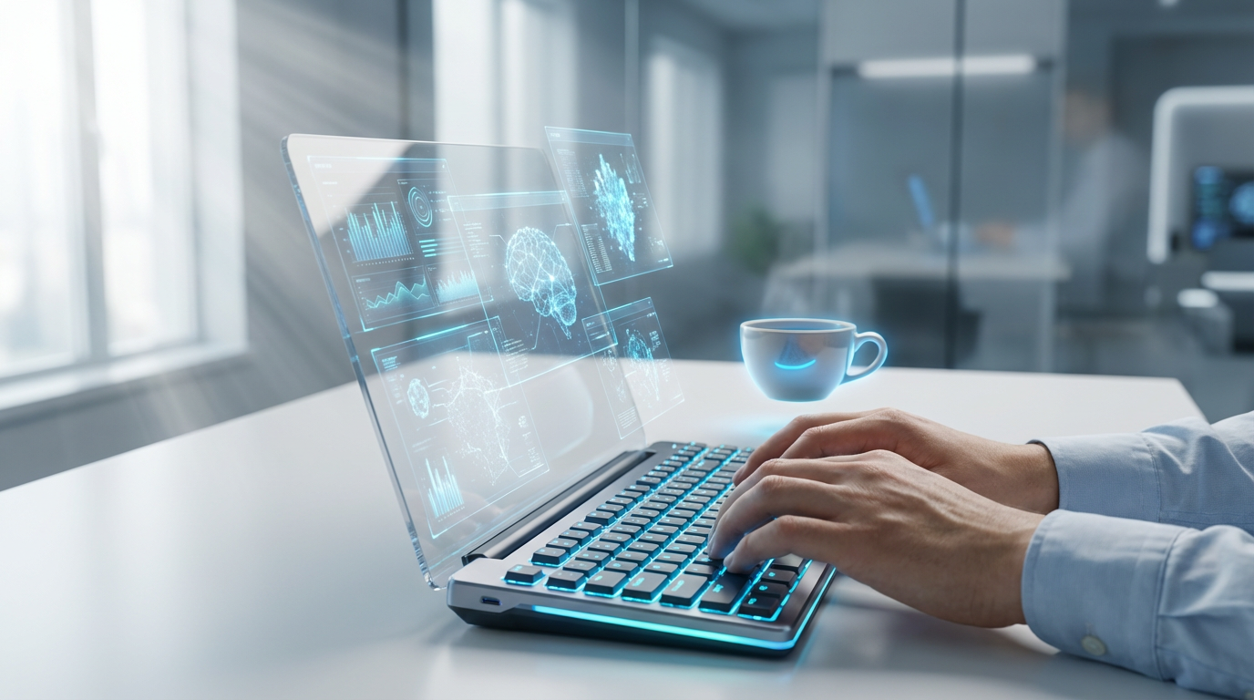 Nahaufnahme von Händen an einem Laptop mit Dashboard zur SERP Analyse mehrerer AI-Suchplattformen.