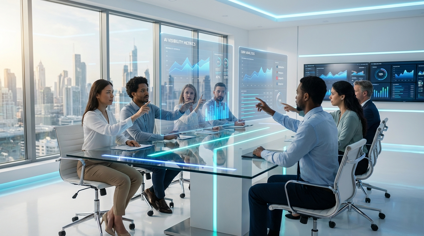 Marketingteam prüft SERP Analyse auf großem Screen mit KI-Visibility-Metriken und Wettbewerbscharts.