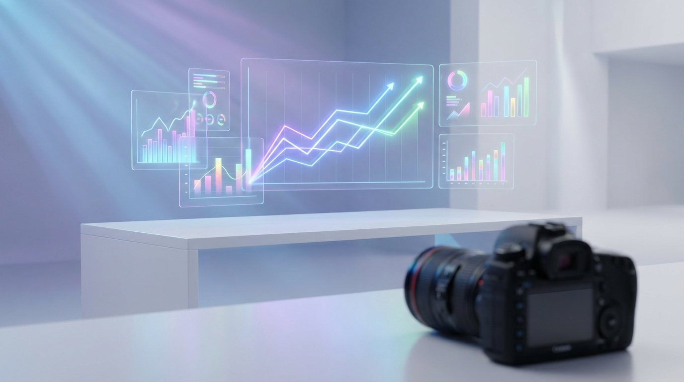 Dashboard zeigt Share of Voice Marketing Metriken auf Monitoren mit bunten Charts und steigenden Kurven im modernen Büro.