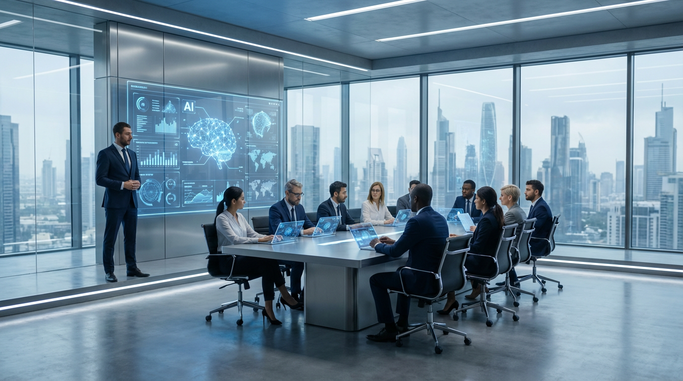 Business-Executive praesentiert Share of Voice Marketing GEO-Strategie am interaktiven Whiteboard, Team diskutiert