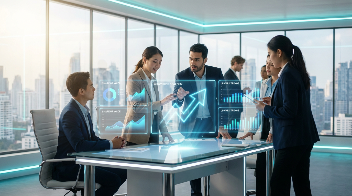 Team im modernen Büro analysiert Share of Voice Marketing Kennzahlen auf großen Bildschirmen mit KI-Dashboards.