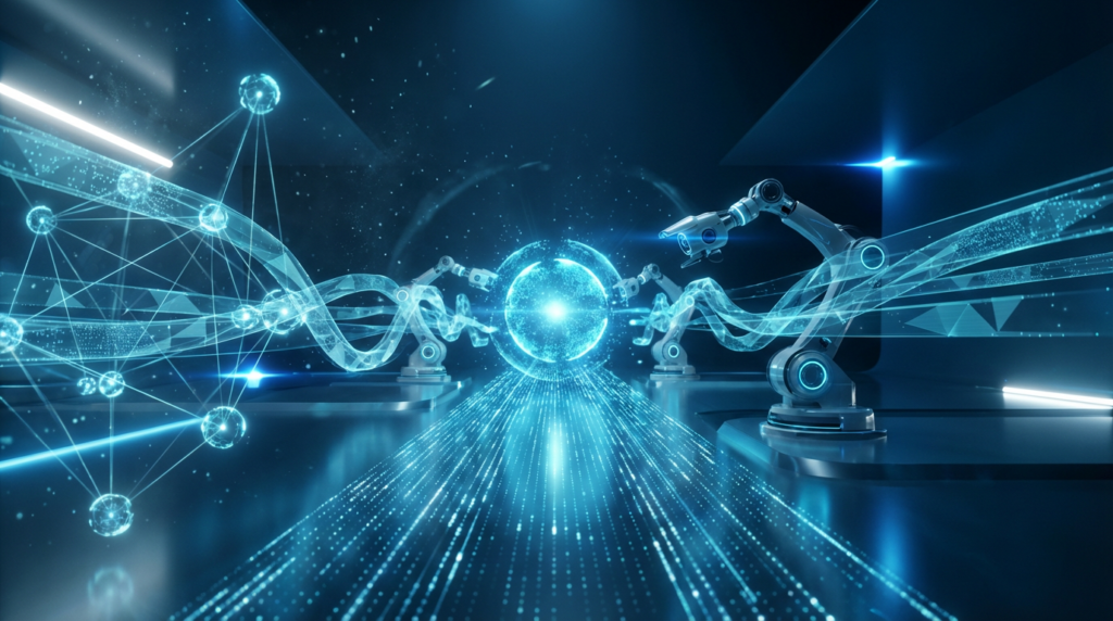 Futuristische 3D-Visualisierung mit holografischen Datenströmen und zentraler Sphäre für AI Answer Engine Optimization.