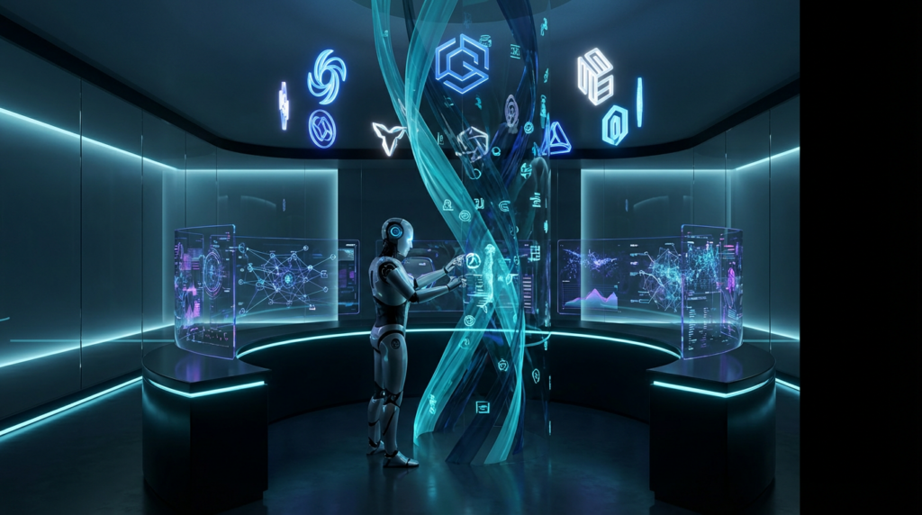 Futuristisches AI brand monitoring-Dashboard: Roboter analysiert holografische Markensymbole und Datenströme in 3D.