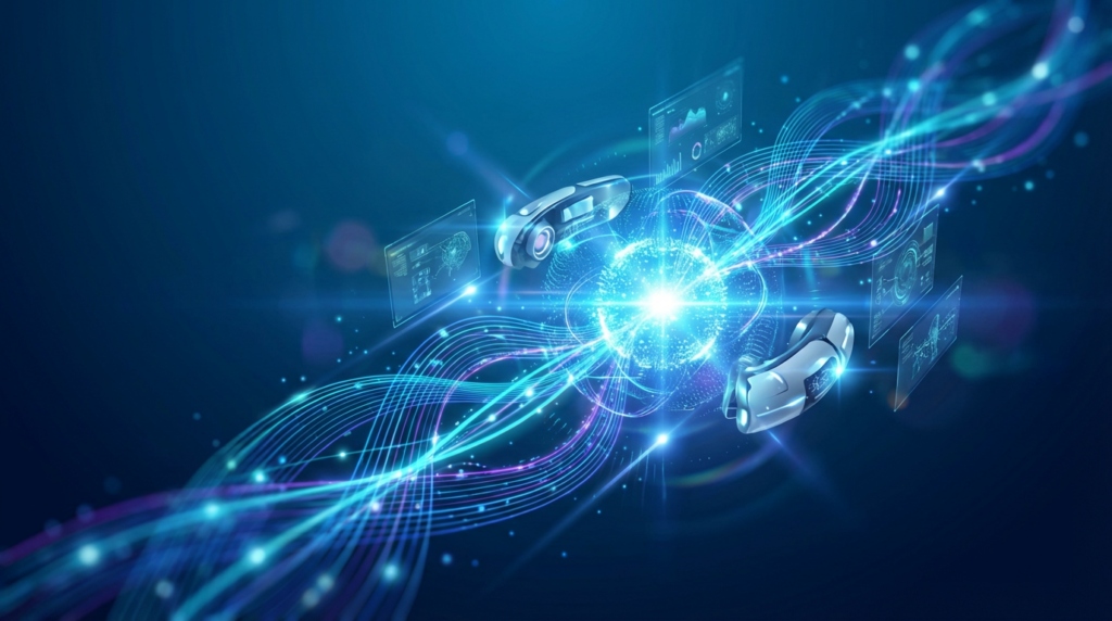 Futuristisches KI-Neuralnetz mit leuchtendem Kern und fließenden Datenströmen, AI-readable Content für klare Webdarstellung.