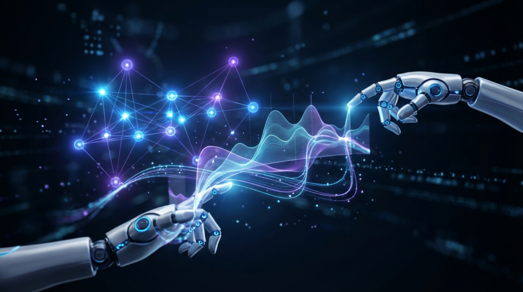 Futuristische AI Wettbewerbsanalyse mit holografischen Datenströmen, leuchtenden Graphen und robotischen Armen im Cyberraum.