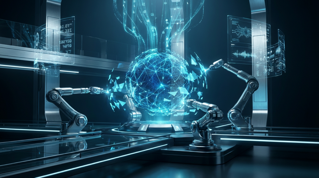 Futuristisches 3D-Render: B2B Sichtbarkeit in AI mit holographischen Datenströmen und neuraler Sphäre