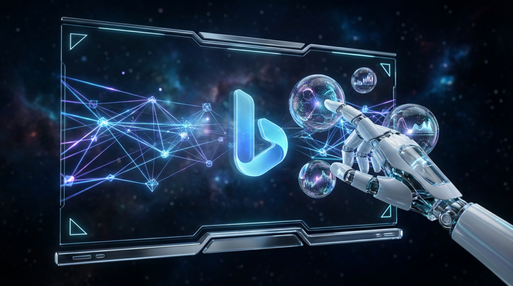 Futuristisches 3D-Render zeigt robotische Hand, die holographisches Bing SEO-Interface mit leuchtenden KI-Knoten steuert.