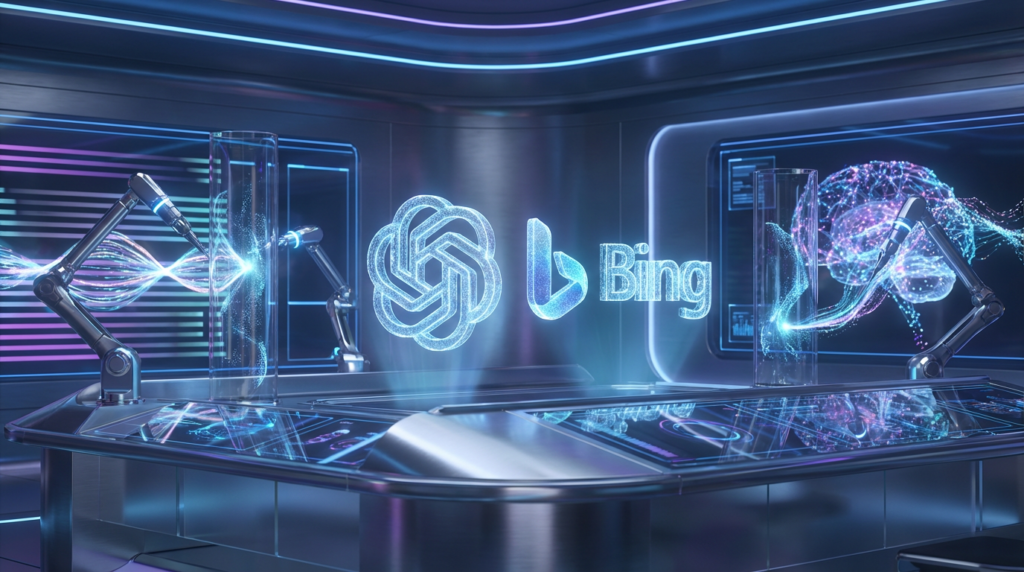 Futuristisches Hightech-Kommandozentrum mit holographischen ChatGPT Bing Projektionen, neonblauen und violetten Datenströmen.