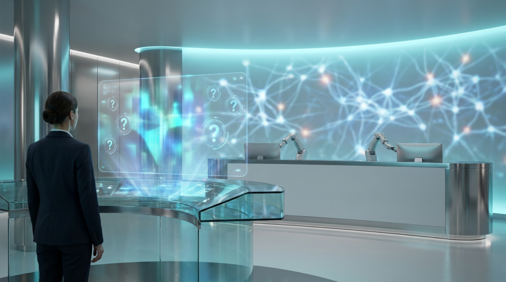 Futuristische Kundenservice-Szene mit holografischer AI-Assistenz und schwebenden Fragezeichen – ChatGPT Fragen visualisiert.