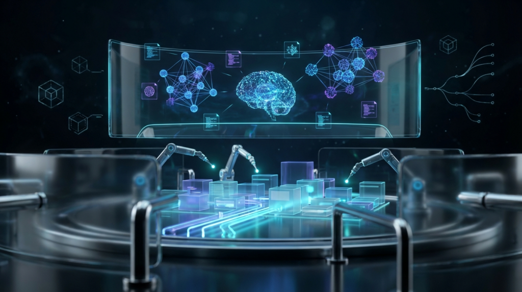 Futuristische Visualisierung, in der ChatGPT für Unternehmen holografische Netze analysiert und Inhalte optimiert.