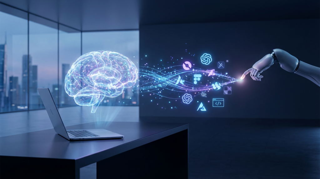 Futuristisches AI-Gehirn-Hologramm über Laptop mit Datenströmen und Robotikarm – ChatGPT Inhalte nutzen für Marken-Design.