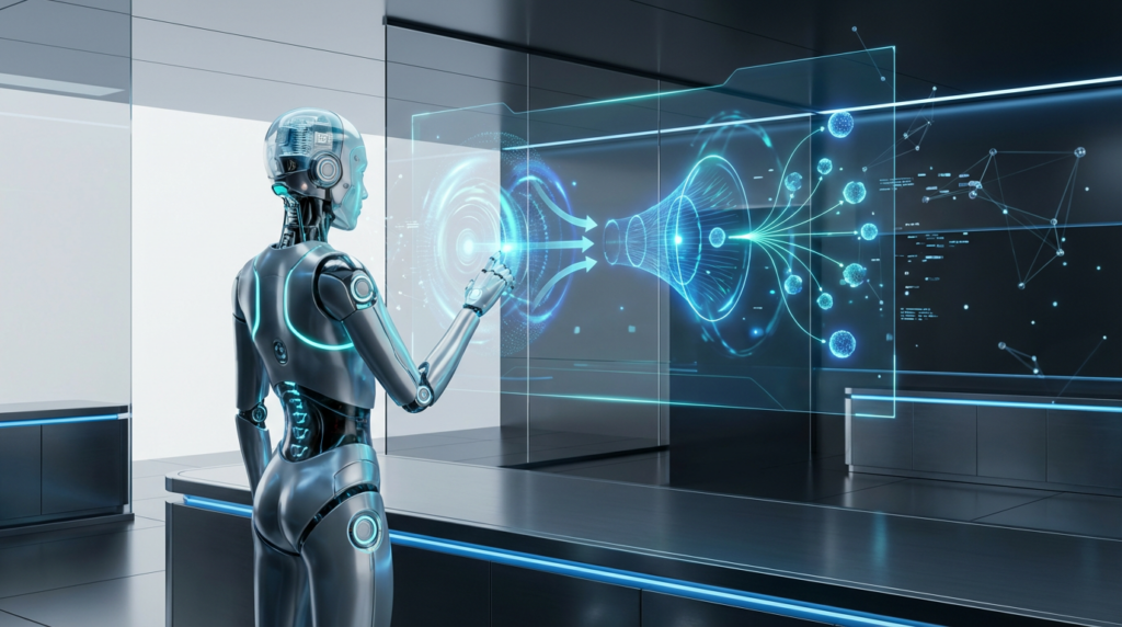 AI-Roboter mit holographischer Chatoberfläche und digitalen Sales-Funnels im Labor, symbolisch für ChatGPT Marketing