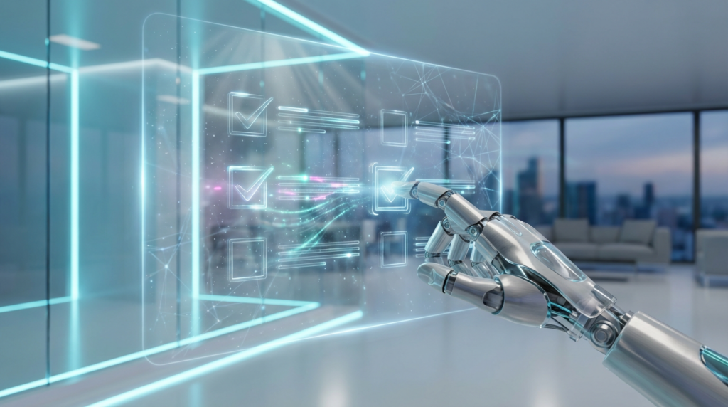 Futuristische holografische Checkliste mit robotischer Hand in Büro – Checkliste für KI Sichtbarkeit.