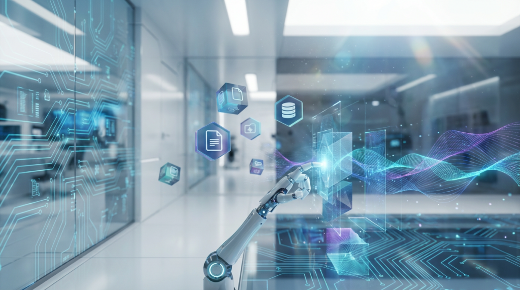 Futuristische Visualisierung 'Datenformate für ChatGPT' mit holografischen Datenströmen und Roboterarm