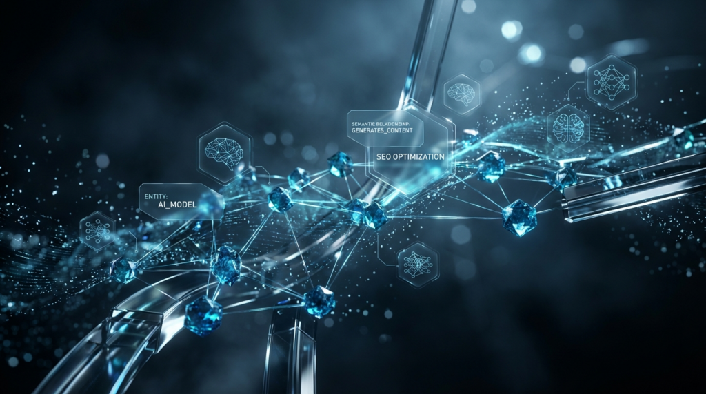 Futuristische Entity SEO Visualisierung: Knowledge Graph mit leuchtenden Knoten und holographischen AI-Elementen