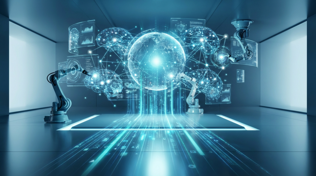 Futuristische 3D-Visualisierung mit holographischen Datenströmen und analytischen Robotern, die Google AI Antworten erzeugen