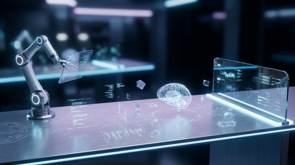 Futuristische 3D-Arbeitsumgebung mit holografischen AI-Interfaces für LLM-SEO Tools.