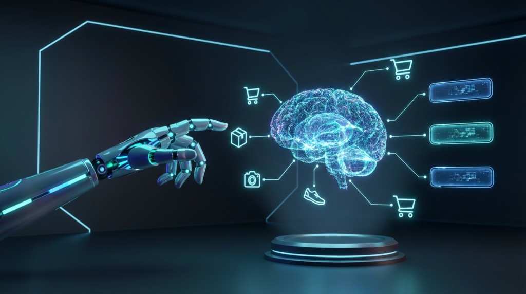 Futuristisches 3D-Rendering: KI Kaufentscheidung mit holografischem AI-Gehirn, Roboterhand und schwebenden Warenkorb-Icons.