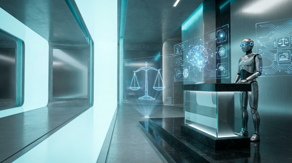 Futuristischer Gerichtssaal mit holografischen KI-Interfaces und Robot-Assistenten, symbolisiert KI-Sichtbarkeit für Anwälte.