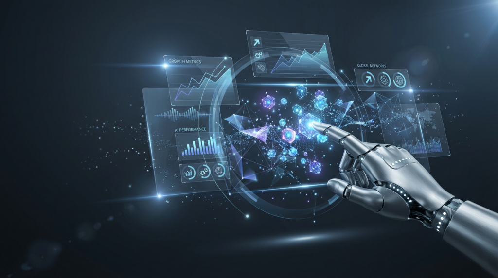 Futuristisches 3D-Dashboard mit holografischen Grafiken und Roboterhand, KI-Sichtbarkeit messen durch leuchtende Datenknoten